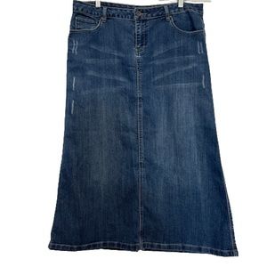 Denim Midi Skirt Slight Distressing 5 Pockets Fly Front Belt Loops